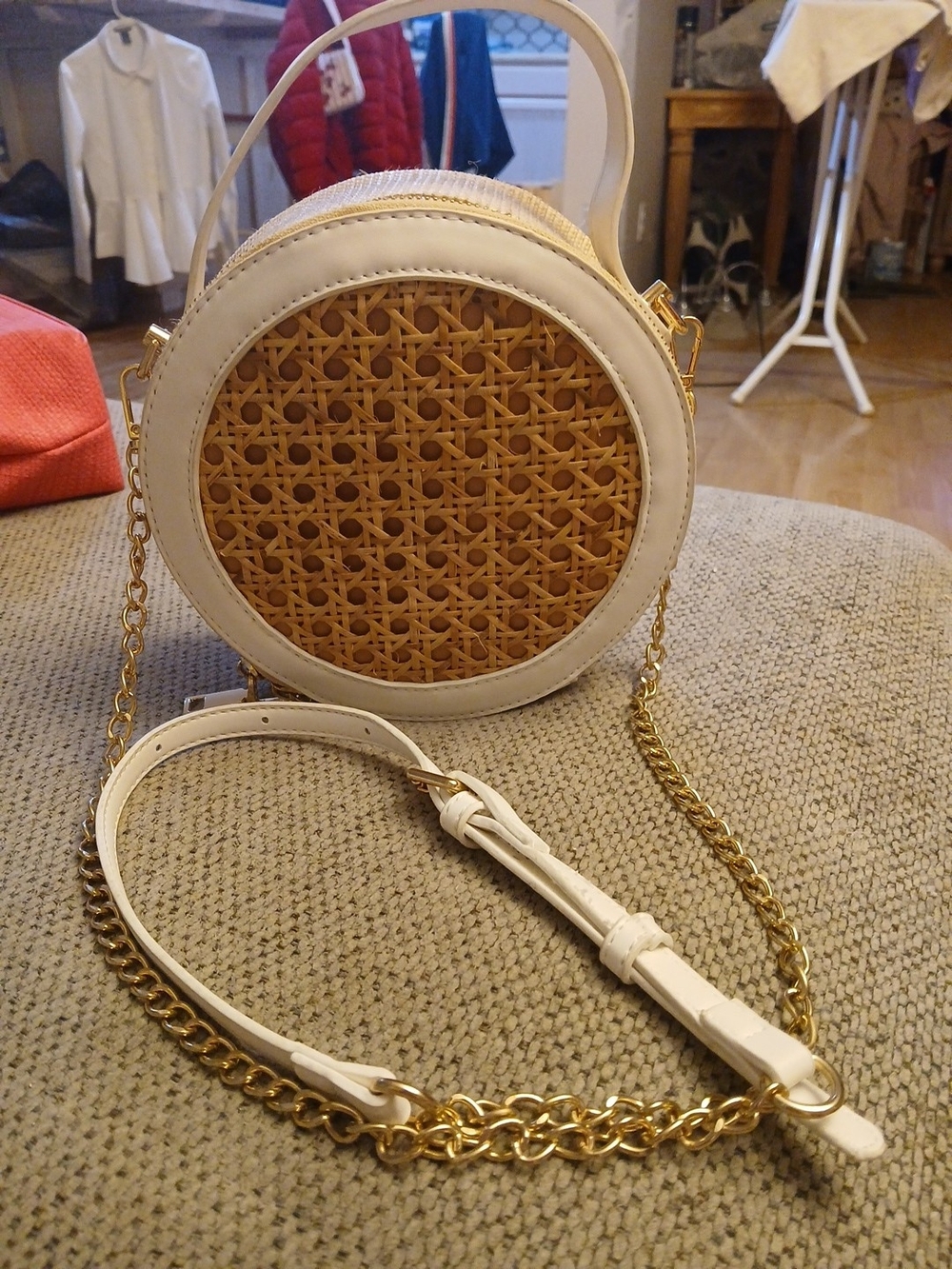 Woven Rattan Round Crossbody Bag in White